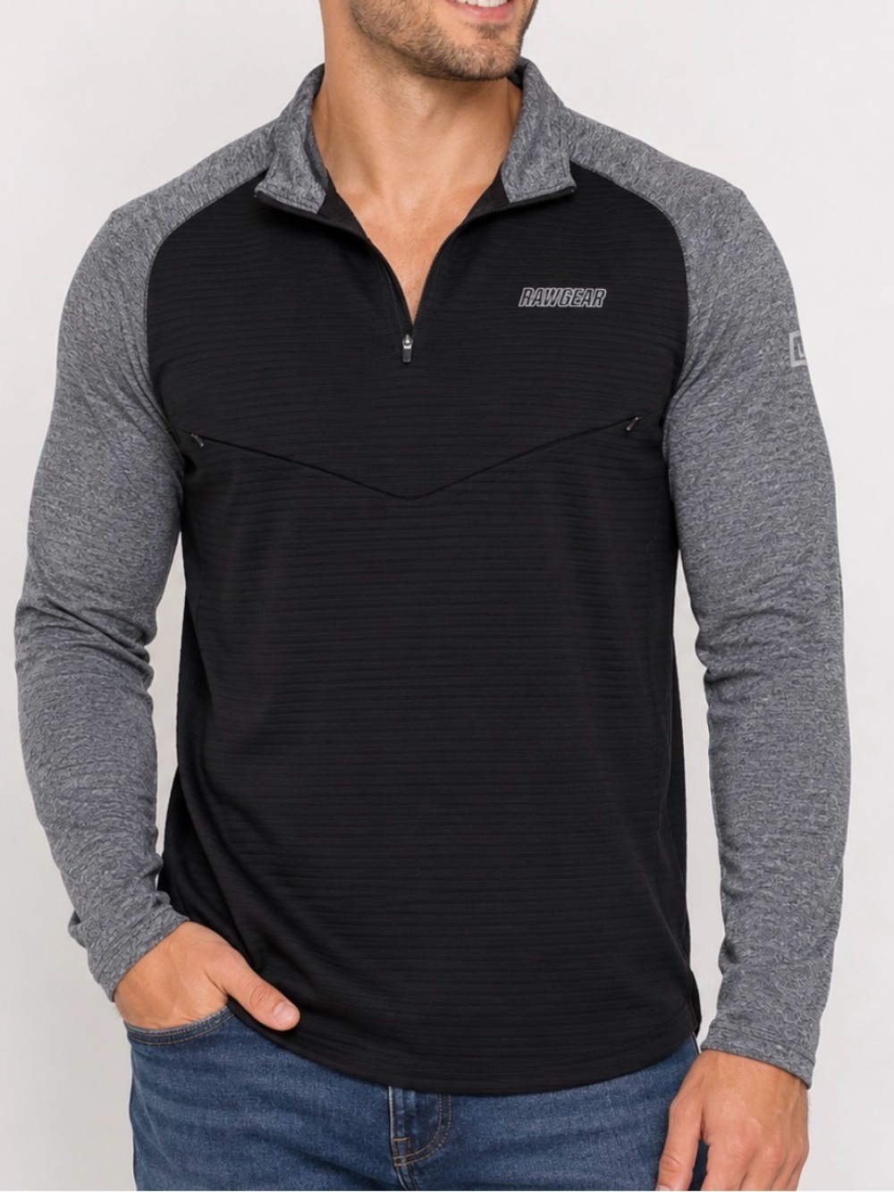 RAWGEAR Men’s Performance Quarter-Zip Pullover logo on chest gray/black SZ LG